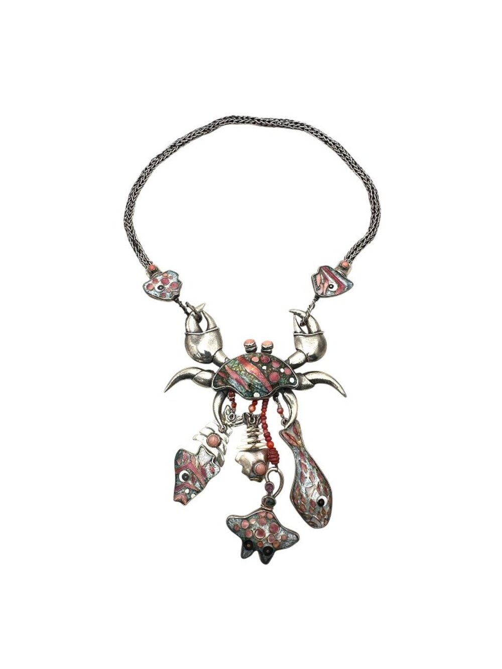 Kristin Holeman Necklace Sterling Silver Multi Gemstones Crab Stingray Fish